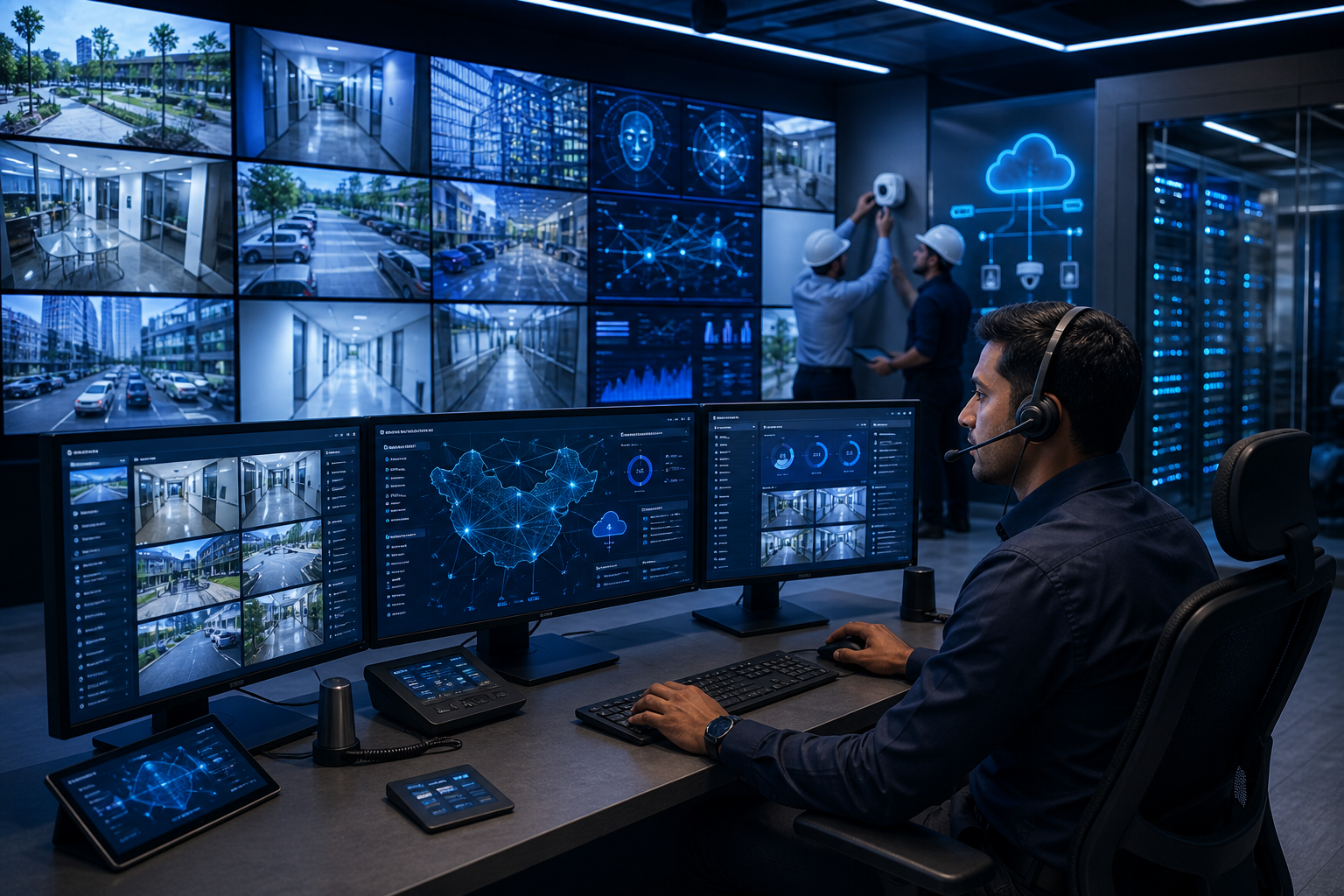SecureProMatrix command center with CCTV monitoring, AI analytics and installation coordination